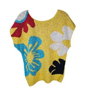 Vtg Colors By Brooks Linen Floral Knit Sweater L Yellow Multi Relaxed Coastal
